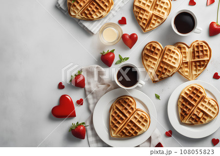 Heart-shaped breakfast waffles for Valentine's Day. Heart-shaped breakfast waffles for Valentine's Day. 108055823