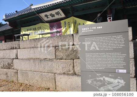Traditional main hall building and Myeongryundang lecture hall of Sungkyunkwan University in Autumn with foliage trees Traditional main hall building and Myeongryundang lecture hall of Sungkyunkwan University in Autumn with foliage trees 108056100