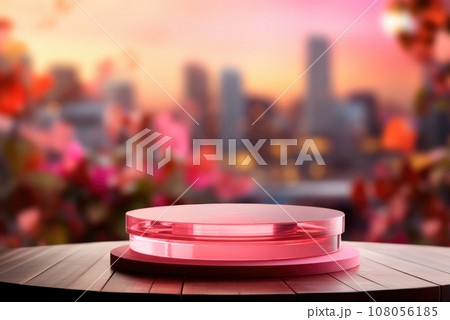 Round podium or stage for the demonstration of goods or cosmetics against the background of the city at sunset 108056185