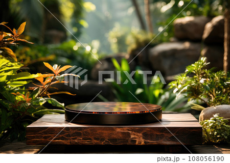 Podium is a stage for the demonstration of goods or organic cosmetics against the background of the nature of a green forest Podium is a stage for the demonstration of goods or organic cosmetics against the background of the nature of a green forest 108056190