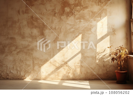 Beige plaster wall with shadows and a potted houseplant near the window with copy space 108056202