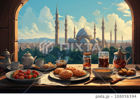 Postcard Ramadan Iftar food with a view of the mosque Postcard Ramadan Iftar food with a view of the mosque 108056394
