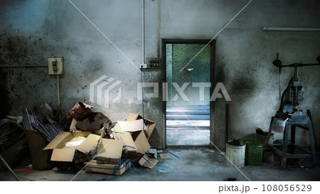 Dark creepy empty abandoned industrial building interior is waiting for a demolition. Desolate Background Concept. Dark creepy empty abandoned industrial building interior is waiting for a demolition. Desolate Background Concept. 108056529