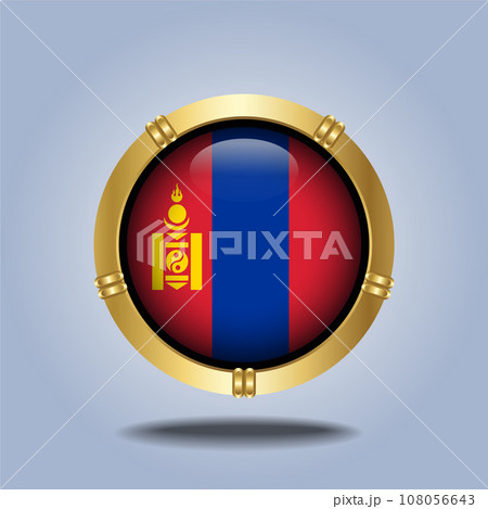 Mongolia flag. Round glossy. Gold  frame. Isolated on color gradient background 108056643