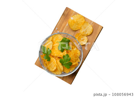 potato chip with salt isolated on white background top view with copy space potato chip with salt isolated on white background top view with copy space 108056943