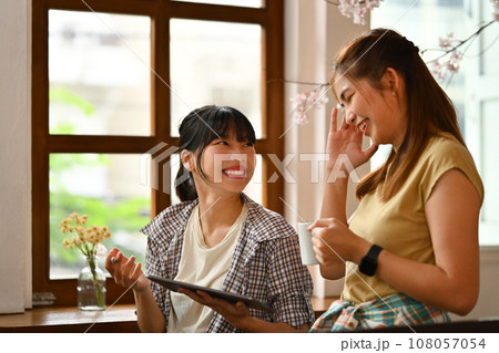 Two cheerful female colleagues talking at workplace during coffee break 108057054