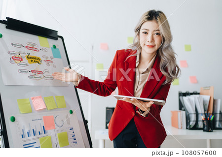 Portrait young business woman presentation marketing profit with confident within investment and seminar for planning of finance. 108057600