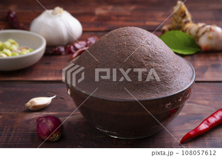 Shrimp Paste in glass bowl ,prawn sauce is a fermented condiment commonly used in Southeast Asian,It is primarily made from finely crushed shrimp or krill mixed with salt 108057612