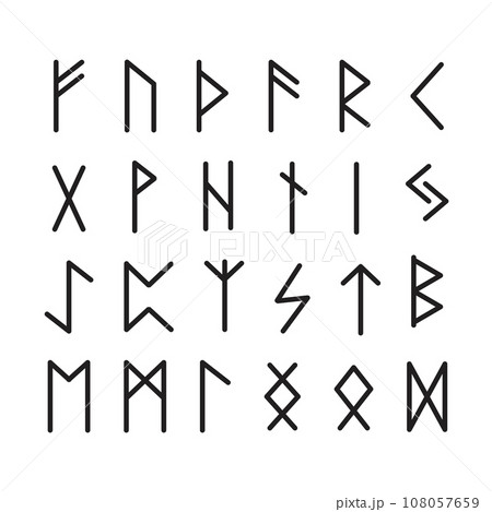 Set runes scandinavian alphabet, esoteric symbols mystyc in doodle style isolated on white background.  108057659
