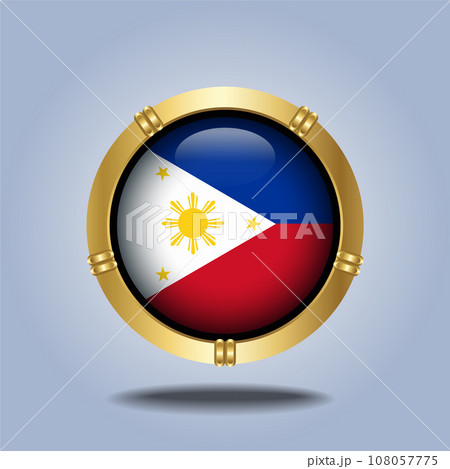 Philippines flag. Round glossy. Gold  frame. Isolated on color gradient background 108057775