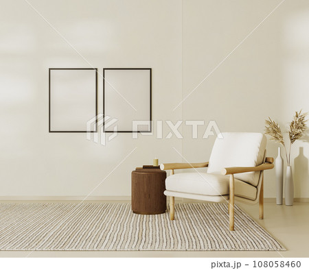 Blank poster frames mock up in beige contemporary minimalist interior with armchair, coffee table and decor. 3d render illustration 108058460