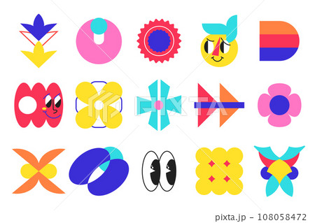 Retro shapes in memphis brutalism style. Cute groovy abstract figure stickers. Vector illustration of simple contemporarty bauhaus icons. Retro shapes in memphis brutalism style. Cute groovy abstract figure stickers. Vector illustration of simple contemporarty bauhaus icons. 108058472