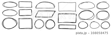 Handdrawn doodle grunge circle and square highlights. Charcoal pen round ovals. Marker scratch scribble inrounder. Round scrawl frames. Vector illustration of freehand painted circular note 108058475