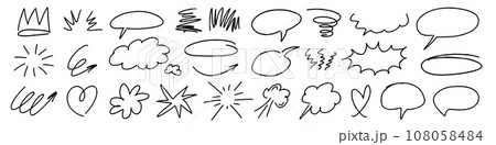 Charcoal pen liner doodle elements, crown, emphasis arrow, speech bubble, scribble. Handdrawn cute cartoon pencil sketches of decorative icons. Vector illustration of cloud, highlight, explosion 108058484