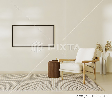 Blank picture frame mock up in beige contemporary minimalist interior with armchair, coffee table and decor. 3d render illustration Blank picture frame mock up in beige contemporary minimalist interior with armchair, coffee table and decor. 3d render illustration 108058496