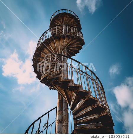 Stairway to Heaven. A spiral spiral antique metal staircase goes high up into the blue sky. 108058511