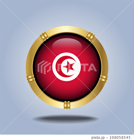 Tunisia flag. Round glossy. Gold frame. Isolated on color gradient background Tunisia flag. Round glossy. Gold frame. Isolated on color gradient background 108058545