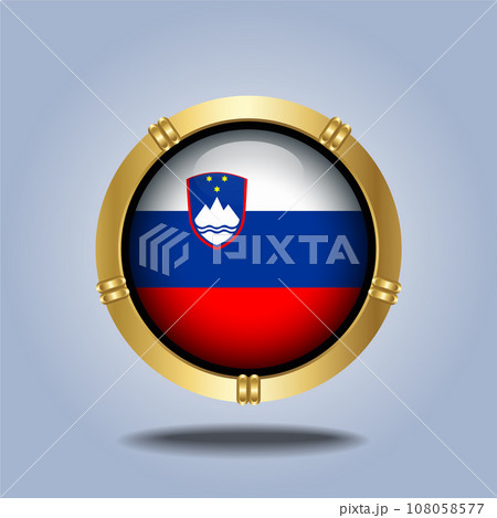 Slovenia flag. Round glossy. Gold  frame. Isolated on color gradient background 108058577