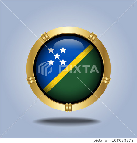 Solomon Islands flag. Round glossy. Gold  frame. Isolated on color gradient background 108058578