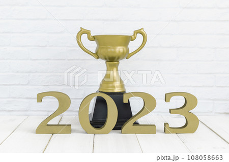 2023 new year and golden trophy on white wood table over white background with copy space , winner or success concept 2023 new year and golden trophy on white wood table over white background with copy space , winner or success concept 108058663