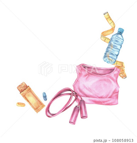 Sports frame border. Watercolor illustration of fitness clothing and exercise equipment. Hand drawn round wreath on white isolated background. Drawing of gym tools for icon. Template cards copy space 108058913