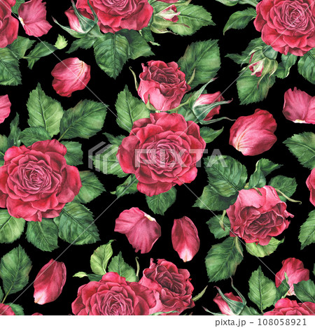 Seamless pattern with pink roses. Watercolor botanical illustration. Isolated on a black background. Hand drawn flower, leaves and petals. For the design of women's clothing, bed linen, fabrics 108058921