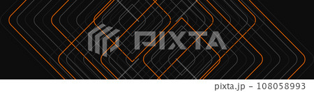 Black abstract banner wide horizontal background with orange and gray lines, arrows and angles texture pattern 108058993
