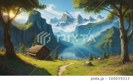 絵画風イラスト 風景 自然 湖 山 青空 雲 崖 草原 朝日 民家 家の