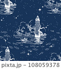 Seamless pattern of a lighthouse in the middle of the sea at night Below, there were as many fish as the stars. 108059378