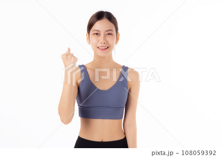 Portrait of beautiful young asian woman in sportswear gesture success isolated. Portrait of beautiful young asian woman in sportswear gesture success isolated. 108059392
