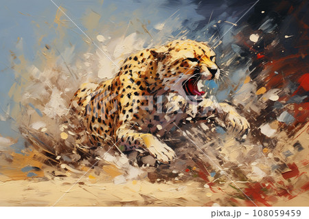 Image of cheetah running on natural background. Wildlife animals. Illustration, Generative AI. 108059459