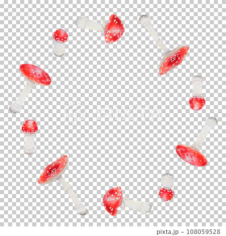 Watercolor round frame of red fly agaric. Hand drawn botanical realistic illustration of poisonous mushrooms for eco goods packing paper, labels, invitations, greeting cards, prints, books 108059528
