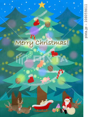 クリスマス素材　ツリーの下のサンタクロースと赤鼻のトナカイ 文字入り 108059811