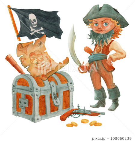 Pirate boy cartoon character in pirate object composition. Includes chest, spyglass, old treasure map, weapon, few coins. Isolated watercolor illustration for design of cards, posters, t-shirt printin Pirate boy cartoon character in pirate object composition. Includes chest, spyglass, old treasure map, weapon, few coins. Isolated watercolor illustration for design of cards, posters, t-shirt printin 108060239