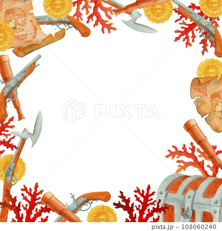 Simple border or frame, made from corals, old treasure map, spyglass, pirate weapons, chests and coins. isolated watercolor illustration. Template for cover, home decor, backgrounds, cards 108060240