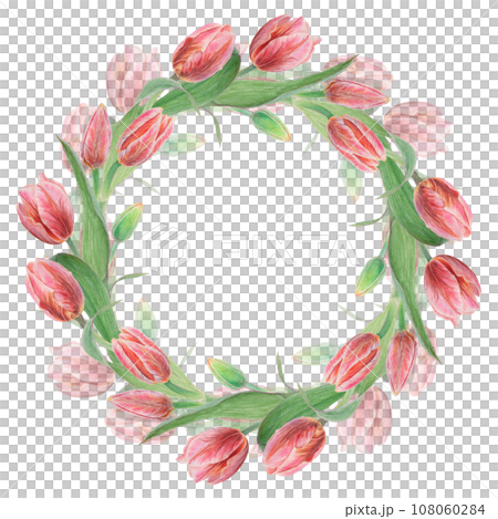 Watercolor hand drawn realistic botanical illustration of pink tulips and green leaves. Wreath, round frame for your design, wedding print products, paper, invitations, cards, fabric, posters. Watercolor hand drawn realistic botanical illustration of pink tulips and green leaves. Wreath, round frame for your design, wedding print products, paper, invitations, cards, fabric, posters. 108060284