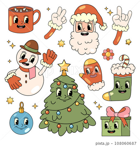 Set of vector pop art icon for new year celebration. Sticker or badges for merry xmas or christmas greeting. Card elements for winter holiday with bulb and gift box, fir tree, snowman, santa claus 108060687
