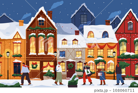 Vector winter street during new year or christmas. Illustration of wintertime holiday city with garlands and people. Merry xmas scenery and cityscape. Urban landscape of town exterior view. Festive 108060711