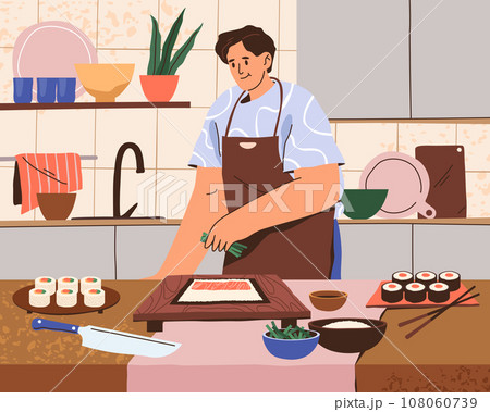 Vector flat image for making homemade sushi. Cook japanese food at home illustration. Asia culinary kitchen with board and sticks. Man cooking roll for dinner. Cuisine and meal, japan nutrition 108060739