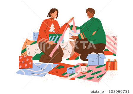 Flat vector woman wrapping gift for new year. Cartoon people wrap presents in box for merry christmas. Image for winter holiday or festive preparation. Home surprise decoration for kids. Celebration 108060751