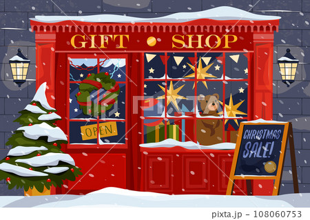 Vector facade of present shop or gift store for new year. Image for christmas celebration. Building for xmas sale with box and advent wreath. Winter trade and decoration. Holiday and festive market 108060753