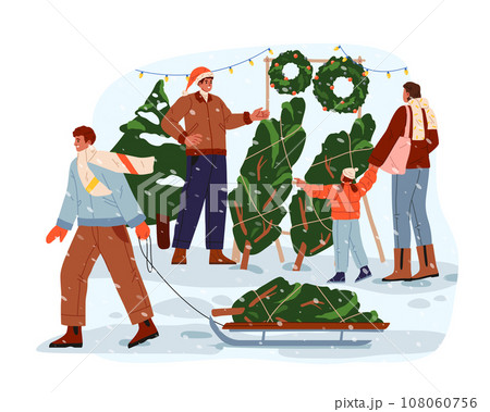 Vector image of people preparing for new year. Christmas tree fair sign. Illustration for merry xmas. Poster for winter holiday or wintertime activity. Card or poster for december greeting card.Market Vector image of people preparing for new year. Christmas tree fair sign. Illustration for merry xmas. Poster for winter holiday or wintertime activity. Card or poster for december greeting card.Market 108060756