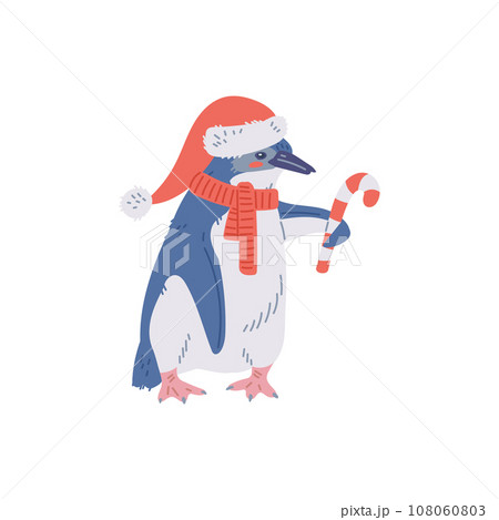 Penguin in hat and with a Christmas candy, vector isolated on white. 108060803