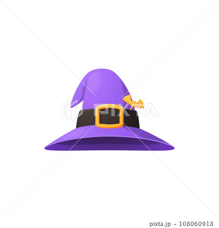 Witch's purple hat with buckle decorated with a bat badge, vector cartoon Halloween party costume for wizard's head Witch's purple hat with buckle decorated with a bat badge, vector cartoon Halloween party costume for wizard's head 108060918