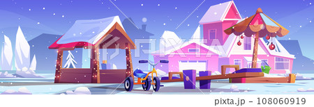 Winter playground park cartoon vector landscape Winter playground park cartoon vector landscape 108060919