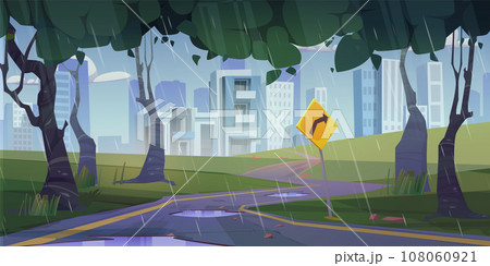 Winding road to city with sign, woods in rain. Winding road to city with sign, woods in rain. 108060921