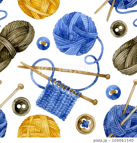 watercolor drawing. seamless pattern with balls of wool for knitting, knitting needles, crochet hook. vintage handicraft print. watercolor drawing. seamless pattern with balls of wool for knitting, knitting needles, crochet hook. vintage handicraft print. 108061540