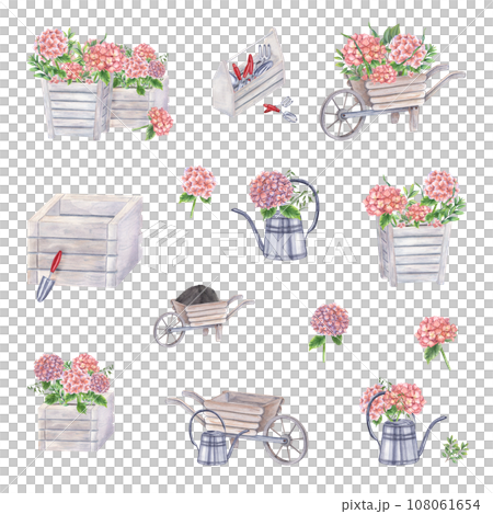 Set of gorgeous blooming hydrangeas. Planting, irrigation flowers. Wooden garden tools. Hortensia branches, bouquet, vase. Watercolor illustration for the design of booklets, flyers 108061654