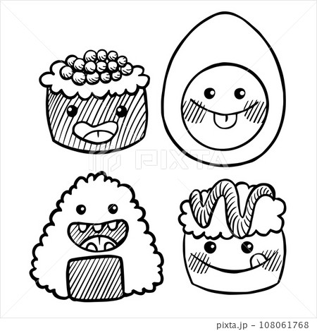 set with cute drawings of asian food. Japanese food. funny smiling characters, kawaii. 108061768