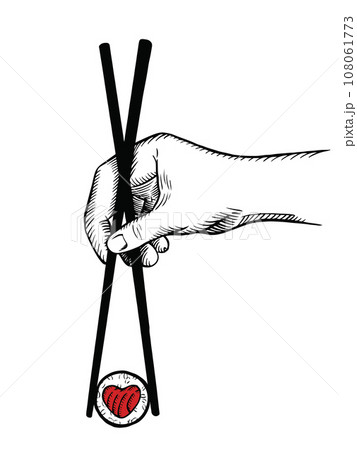 vector drawing in graphic style. hand holds chinese chopsticks with sushi. japanese cuisine, asian food. sketch vector drawing in graphic style. hand holds chinese chopsticks with sushi. japanese cuisine, asian food. sketch 108061773